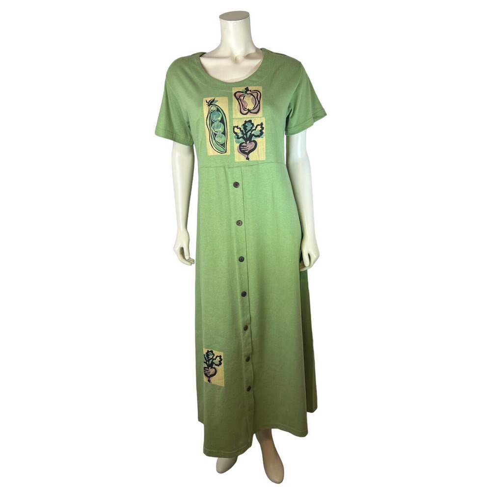Vintage 90s Juli Anne Green Maxi Dress L Art to Wear Hand Painted Vegetables NEW